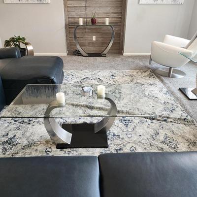 3 pc glass and satin tables -- $600
Rug $125

og pp $1069.18
