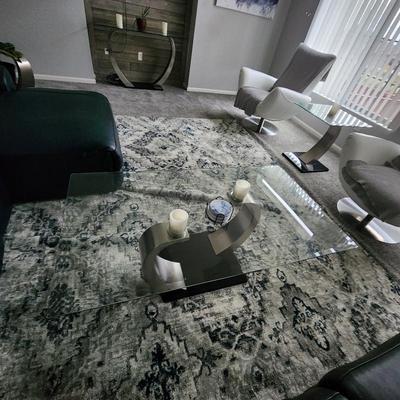 3 pc glass and satin tables -- $600
Rug $125

og pp $1069.18