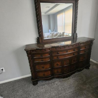 Leather and wood King size bed , nightstand, dresser w/mirror, and bench -- $2500

 og pp $3500   Mattress og pp $