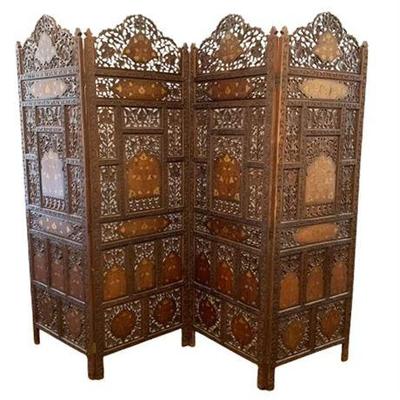 Lot 021   
Moroccan Brass and Carved Four Panel Room Divider