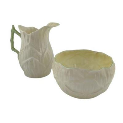 Lot 153  
Vintage Belleek Ireland Lotus Pattern Creamer and Sugar with Green Detail