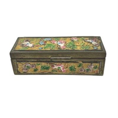 Lot 003   
Antique Chinese Enamel Brass Lotus Flowers Hinged Divided Stamp Trinket Box