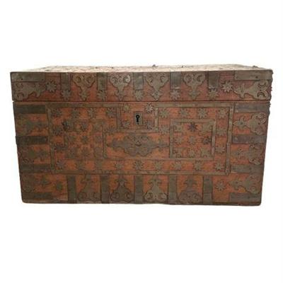 Lot 029-001   
19th C. Middle Eastern Moroccan and Teak Flat Top Trunk