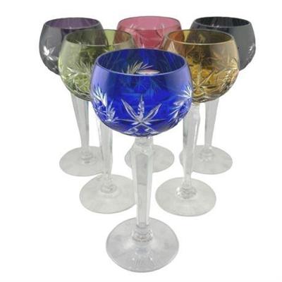 Lot 090-047  
Multicolored Cut to Clear Crystal Hock Wine Glasses Six (6)