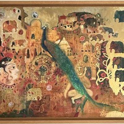 Mughal Indian Peacock Oil Painting