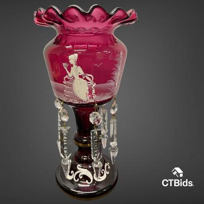 LS325 - Ruby Mary Gregory–Style Bohemian Ruby Glass Luster with Prisms, Czech Republic