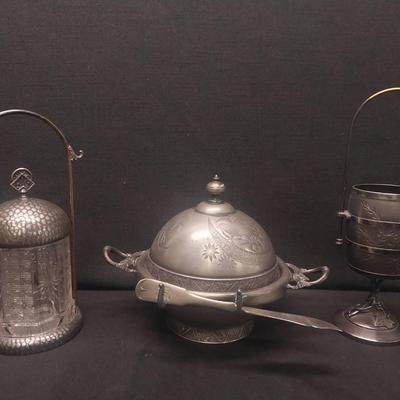 LS239 - Vintage Butter Dish, Pickle Jar, and Utensil Cup