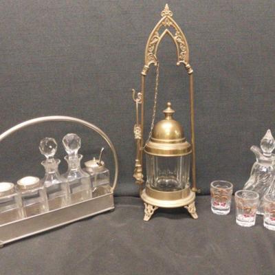 LS247 - Brass Italian Pickle Jar, 30's Era Cruet, Cherry Cordial Glasses