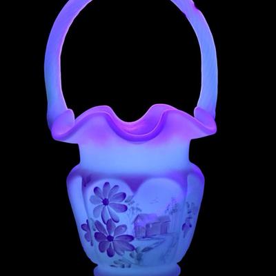 LS104 - Fenton Burmese Uranium Lotus Mist 8” Basket Vase Signed 