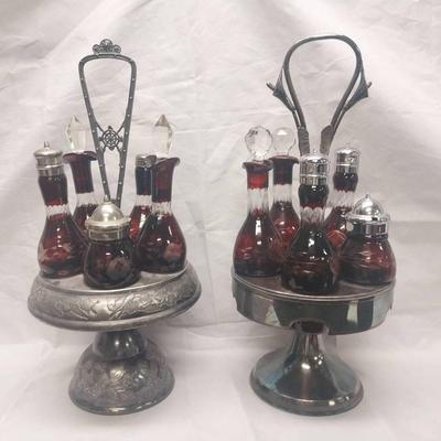 LS229 - Pair Of Vintage Bohemian Red Cut Glass Cruet Sets