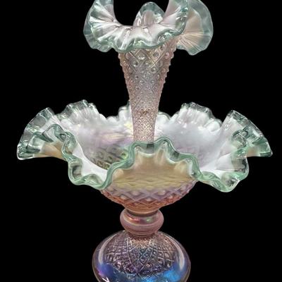 LS101 - Fenton Pink Opalescent Diamond Lace Epergne - Single Horn - Signed