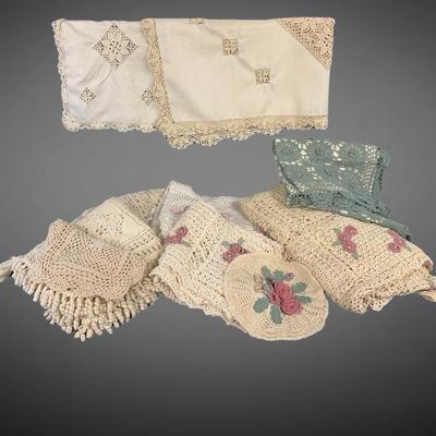 LS114 - Collection of Crochet Textiles – Pillow Shams, Bed Throws, Table Toppers, Runner and Doyly (12 pcs)