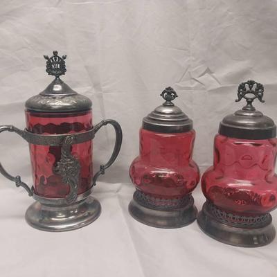 LS226 - Thumbprint Cranberry Glass Jars