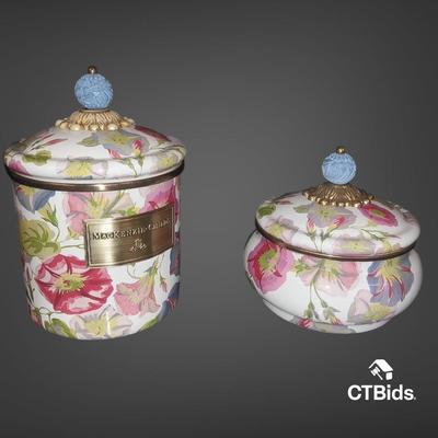 LS201 - 2 MacKenzie-Childs Enamel Lidded Canisters – Morning Glory Pattern