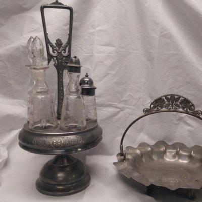 LS244 - Cruet and  Pairpoint Mfg. Co. & Floral Silver Plate Basket