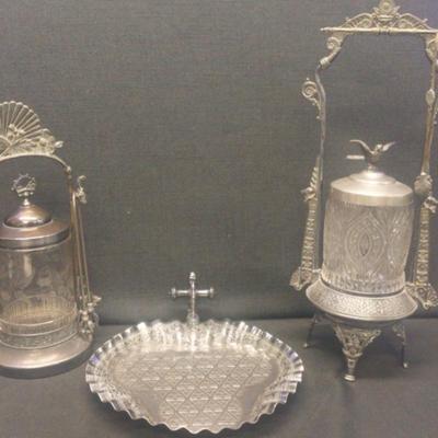 LS238 - Two Vintage Silver Plate Pickle Jars and Serving Tray 