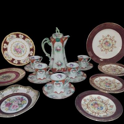 LS210 - Assorted Vintage Porcelain Coffee Sets - Burgundy, Floral & Gilt Accents
