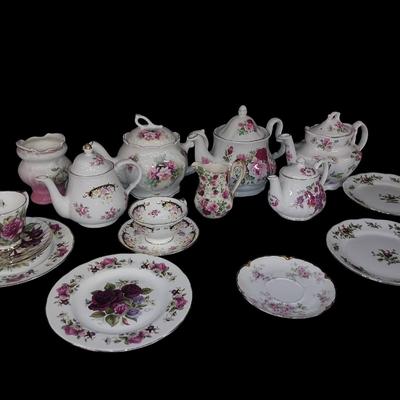 LS214 - Assorted Rose Pattern Teapots, Creamers & Tableware 