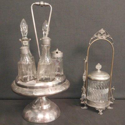 LS248 - Pairpoint Silver Plate Pickle Jar and Silverplate Cruet