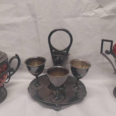 LS227 - Pink Candy Dishes and Silver Plate Cordial Cups