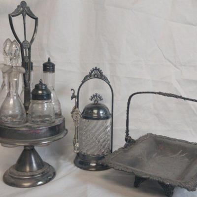 LS250 - Wilcox Cruet, E.G. Webster Serving Basket, Brooklyn Pickle Jar