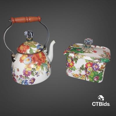 LS200 - MacKenzie-Childs "White Flower Market" Enamel Teapot & Recipe Box