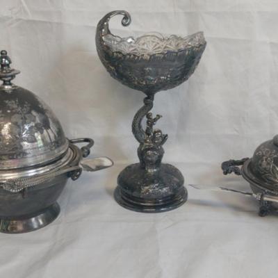 LS253 - Wilcox and New Amsterdam Butter Dishes and Pairpoint Neptune Compote