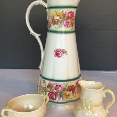 Porcelain Pitcher & Beleek Creamer & Sugar