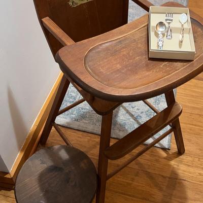 Vintage High Chair, Handmade Kid Stool & Baby Utensils