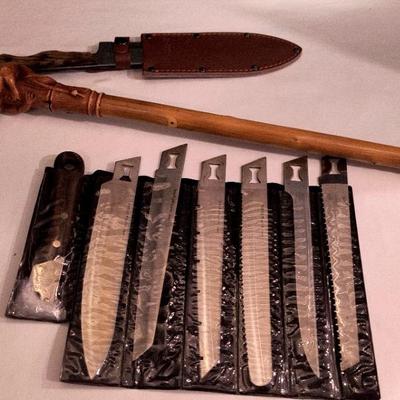 Carved Walking Cane, Hunting Knife & Japanese Knives