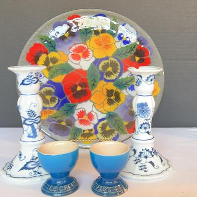 Peggy Karr Plate, Blue Danube Candlestick Holders& Le Creuset Egg Holders