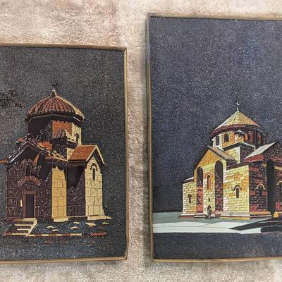 Ancient Armenian Churches - Vintage Enamel Embossed Copper Wall Art, St. Hripsime 8x11, Ashtarak 7x9