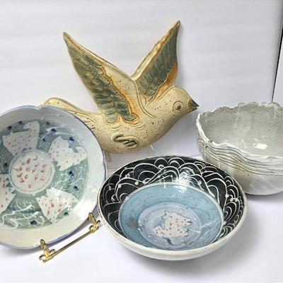 Studio Art Pottery: Bird Wall Pocket & Bowls