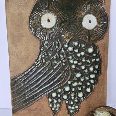 Mid Century Style Art Pottery Owl Tile/Plaque 15x10” & Ashtray
