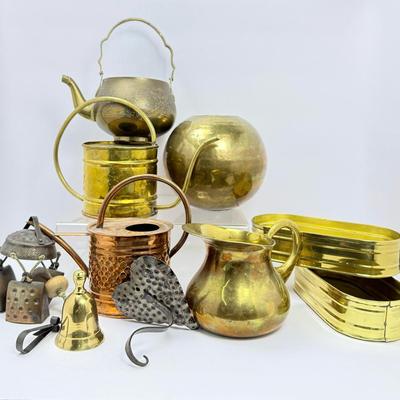 Vintage Brass & Brass-Copper Teapot, Garden Planters, Vases, Bells, Watering Cans & More