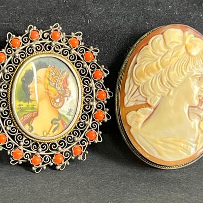 Sterling Silver Cameo Brooch / Pendant & 800 Silver Vintage Portrait Filagree & Coral Brooch