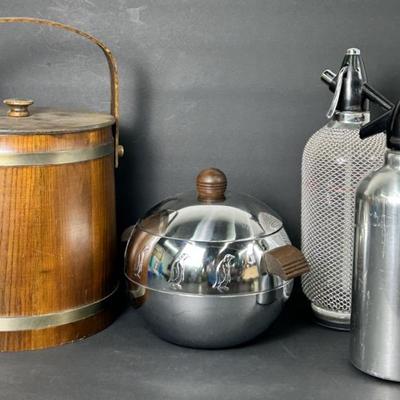 Vintage Soda King & Metal Mesh Syphons, West Bend Penguin Chrome & Basketville Wood Ice Buckets