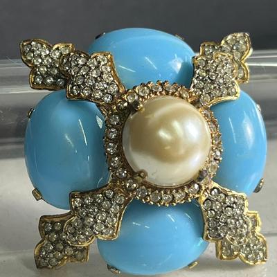 Kenneth Jay Lane Signed Faux Pearl & Turquoise, Rhinestone Brooch
