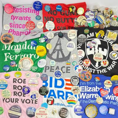 Vintage & Contemporary Button & Pin Collection Plus Political T-shirts