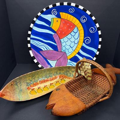 Laurel Burch Shallow Fish Bowl, Ceramic Fish Bowl Made In Italy & Fish Basket