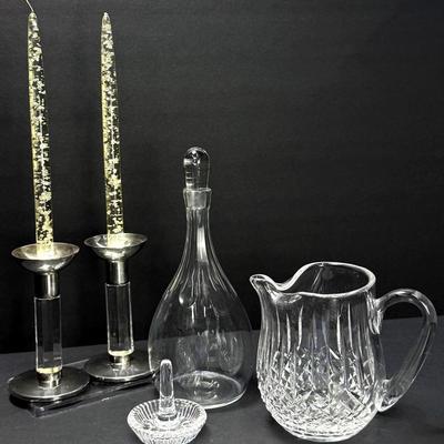 Waterford Crystal Lismore Jug With Ice Lip, Waterford Ring Holder, Lucite Candles & More