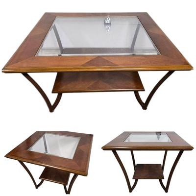 Vintage Wooden Square Glass Top Coffee Table 40"x40"x19" with Two Matching End Tables 28"x28"x23"