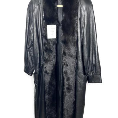 Long Black Leather Coat With Fur Trim - Size L
