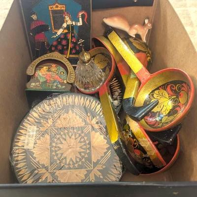 Huge Handmade Russian Ladles (11", Khokhloma), Enamelled Copper Repoussé, Christal Bell, & More