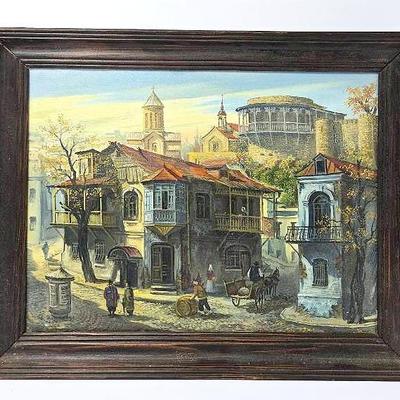 Eastern European Street Scene Painting - Framed 14.5x18.5”