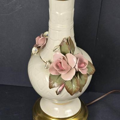 Vintage 28" Victorian-Style Brass & Porcelain Table Lamp with Floral Design