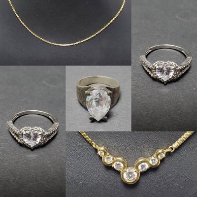 Sterling Silver Marked Cubic Zirconia & Rhinestone Necklaces & Rings
