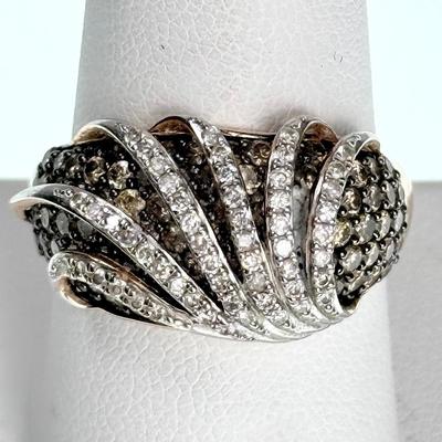 10K Gold Marked White & Champagne Diamond Layered Cocktail Ring - Size 8.75
