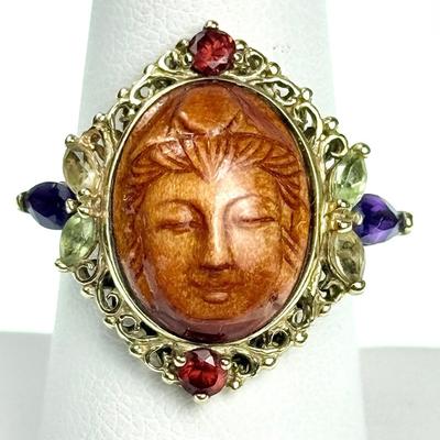 14K Gold Carved Wood Buddah Face Ring with Garnet, Amethest, Tourmaline- Size 7.75