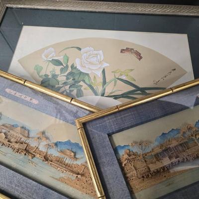 Asian Cork Landscapes & Butterfly Painting On Silk